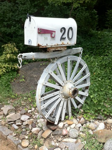 wagon wheel mailbox, Melville L.I.- sven vik Wagon Wheel Mailbox Ideas, Country Mailbox Ideas Rustic, Farm Mailbox Ideas Country Living, Unique Mailbox Ideas, Rustic Front Yard Landscaping Ideas Wagon Wheels, Mailboxes Ideas, Farm Animal Mailboxes, Unique Mailbox, Cool Mailboxes