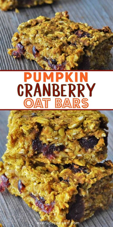 Oatmeal bars with cranberry and pumpkin with Pinterest overlay. Pumpkin Cranberry Baked Oatmeal, Pumpkin Seed Oat Bars, Oatmeal Pumpkin Breakfast Bars, Maple Pumpkin Oatmeal Breakfast Bars, Keto Pumpkin Breakfast Bars, Pumpkin Oatmeal Bars Easy, Pumpkin Cranberry Recipes, Oatmeal Cranberry Breakfast Bars, Apple Pumpkin Bars