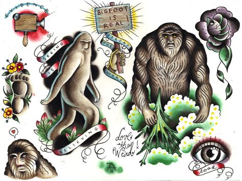 Bigfoot traditional American Traditional Bigfoot Tattoo, Yeti Tattoo, Sasquatch Tattoo, Cryptid Tattoo, Bigfoot Tattoo, Cryptid Club, Leviticus 19, Eagle Chest Tattoo, Traditional Tattoo Flash Sheets