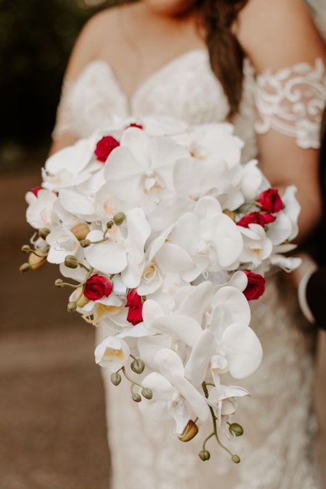 Red Cascade Bridal Bouquet, Flow Bouquet, White And Red Wedding, Brazil Wedding, White Lily Bouquet, White Orchid Bouquet, Orchid Bridal Bouquets, Red Flower Bouquet, Orchid Bouquet Wedding