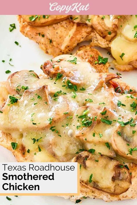 Get ready to recreate a steakhouse favorite in your kitchen with this easy copycat Texas Roadhouse Smothered Chicken recipe! This succulent dish features tender chicken breasts seasoned and cooked to perfection then generously topped with sauteed mushrooms, onions, and Jack cheese. It’s a medley of flavors and textures that's truly irresistible. Each bite is a comforting, hearty experience. Get the easy recipe and find out how to make the best smothered chicken like Texas Roadhouse. Smothered Chicken With Cheese, Smothered Chicken With Peppers And Onions And Cheese, Smothered Chicken With Peppers And Onions, Texas Roadhouse Smothered Chicken, Smothered Chicken With Mushrooms, Cracker Barrel Chicken And Dumplings Recipe, Roadhouse Recipes, Chicken Rollatini, Smothered Chicken Recipe