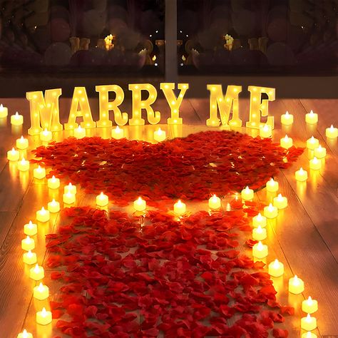 PRICES MAY VARY. 🌹【MARRY ME Light Up Set】You will get 7 LED letter lights “M-A-R-R-Y M-E”, 24 pcs LED candles, 2000 pcs artificial rose petals. Warm and elegant lighting, increase romantic atmosphere, make your proposal ceremony more romantic and unforgettable. 🌹【Easy to Use】The MARRY ME sign and tea candles are powered by the battery (MARRY ME sign not include battery, tea candles include battery). There is no need to worry about not having a power source nearby which will affect your proposa Proposal Decorations, Marry Me Sign, Proposal Romantic, Night Decor, Surprises For Her, Light Up Letters, Wedding Proposals, Light Letters, Romantic Night