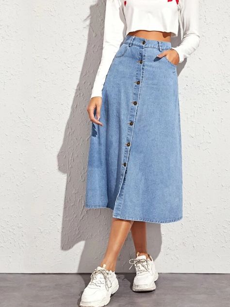 Button Through A-line Denim Skirt | SHEIN USA घाघरा चोली, Long Denim Skirt Outfit, A Line Skirt Outfits, Jean Skirt Outfits, A Line Denim Skirt, Denim Shorts Outfit, Denim Skirt Outfits, Long Skirt Outfits, Long Denim Skirt