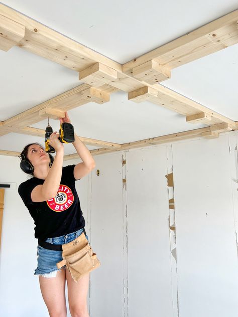 How to Build a DIY Coffered Ceiling (Step-by-Step) | Our Aesthetic Abode Wood Coffered Ceiling, Diy Coffered Ceiling, Small Easy Woodworking Projects, Easy Diy Home Improvement, Cottage Remodel, Chandelier Makeover, Ceiling Vents, Home Bar Rooms, Wood Projects For Beginners