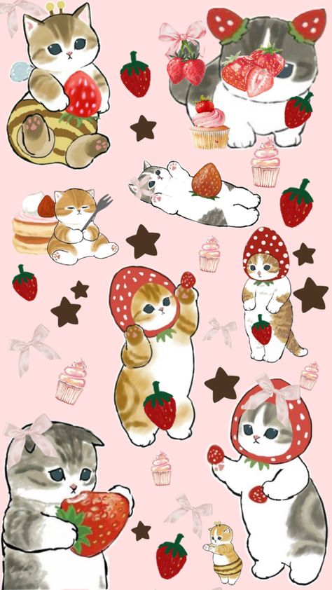 Cats and sweets Iphone Wallpaper Kawaii, Phone Wallpaper Patterns, Cat Posters, Retro Wallpaper, Iphone Background Wallpaper, Homescreen Wallpaper, Dreamy Art, Kawaii Wallpaper, Cat Wallpaper