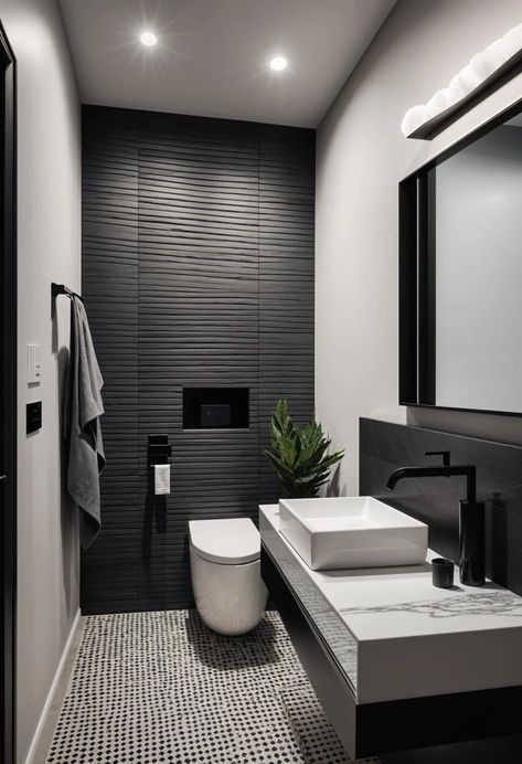 Small Half Bath Remodel, Modern Half Bathroom Ideas, Half Bath Remodel Ideas, Modern Half Bathroom, Half Bathroom Decor Ideas, Masculine Bathroom Ideas, Small Half Bath, Dark Blue Kitchens, Half Bathroom Ideas