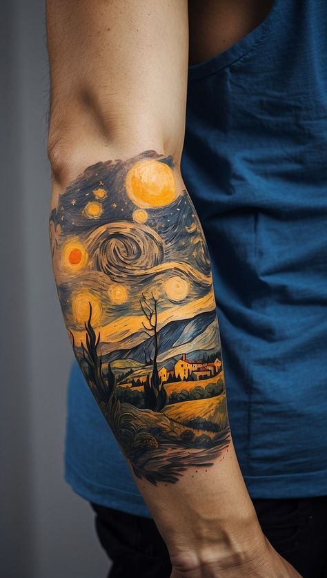 Starry Night Sleeve Tattoo, The Starry Night Tattoo, Starry Night Tattoo, Van Gogh Tattoo, Full Neck Tattoos, 47 Ronin, Night Tattoo, Around Arm Tattoo, Circle Tattoos