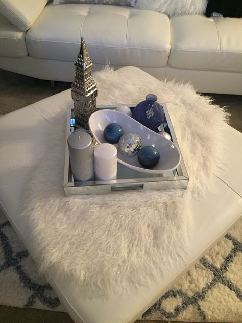 Serving tray on ottoman candles How To Decorate A Ottoman Ideas, Ottoman With Tray On Top Decor, Gray Couch Ottoman Tray, Large Ottoman Living Room Tray, Christmas Decor For Ottoman Tray, Trays On Ottomans Ideas, Ottoman Decor Living Room Tray, Tray On Ottoman, Ottoman Decor Living Room