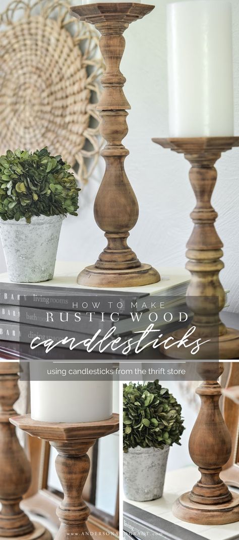 Learn to make these easy DIY rustic wood candlesticks using a thrift store find. #fixerupper #DIY #howtomake #thriftstore  |  www.andersonandgrant.com Wood Candlesticks, Wooden Candlesticks, Diy Candle Sticks, Repurpose Furniture, Wedding Centrepieces, Wood Projects For Beginners, Carpentry Projects, Casual Decor, Diy Tray