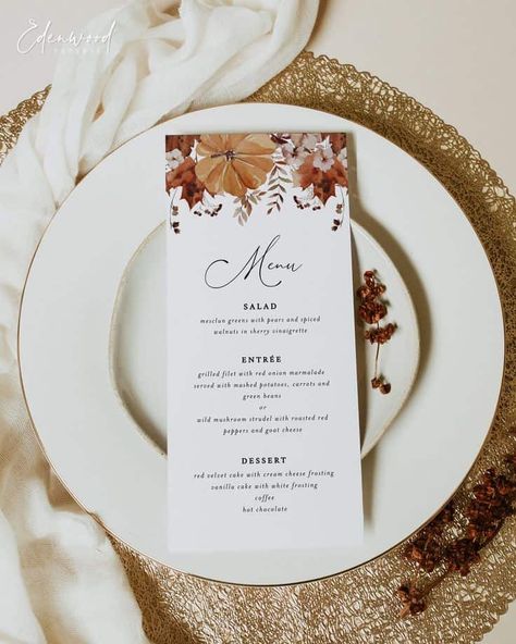 7 Reasons Why You Should Consider a Fall Wedding - LADY WEDDINGS Fall Menu Design, Menu Card Design Wedding, Fall Wedding Menu, Menu Card Template, Printable Wedding Menu, Menu Wedding, Wedding Menu Template, Rustic Fall Wedding, Wedding Menu Cards