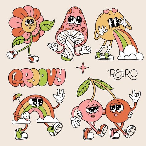 60s Cartoons Style, Gen Z Doodles, Funky Sticker Ideas, Cute Retro Illustration, Retro Mushroom Illustration, Flower Cute Illustration, Mushroom Cartoon Character, Groovy Design Graphic, 70s Cartoon Art