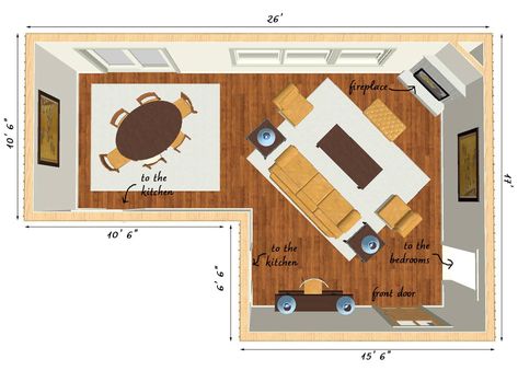 Furniture arrangement for an L-shaped living room with a corner fireplace Dining Room With Corner Fireplace, Living Room With Corner Tv Layout, Living Room Layout Corner Tv, Small Living Room Layout With Corner Fireplace, Odd Shaped Living Room, Small Living Room Corner Fireplace, Corner Fireplace Small Living Room Layout, L Shaped Living Room Dining Room Layout, Large Living Room Layout Corner Tv