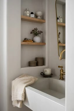 Organic Bathroom Design, Organic Bathroom, Recessed Shelves, Mcgee Home, Furniture Office, Small Home Office, Studio Mcgee, Bathroom Renos, Bathroom Inspo