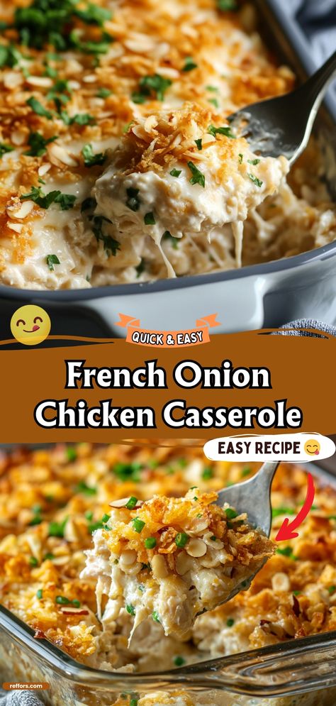 Indulge in the rich, savory flavors of this French Onion Chicken Casserole. Tender chicken, caramelized onions, and melted cheese make it a family favorite. #FrenchOnionCasserole #ChickenDinner #ComfortFood Onion Soup Chicken Casserole, French Onion Chicken Hashbrown Casserole, French Fried Onion Chicken Casserole, French Onion Hashbrown Chicken Casserole, French Onion Chicken Casserole Recipes, French Onion Chicken Noodle Casserole, Leftover French Onion Soup, Recipes With French Fried Onions, Casserole Recipes For Dinner Chicken