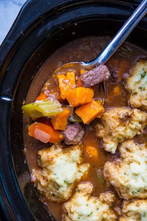 Slow Cooker Beef & Sweet Potato Stew - The Kitchen Magpie Beef Sweet Potato Stew, Dumplings Dinner, Stew With Sweet Potatoes, Sweet Potato Beef Stew, Sweet Potato Stew, Beef Dumplings, Stew And Dumplings, Slow Cooker Sweet Potatoes, Crockpot Recipes Beef Stew