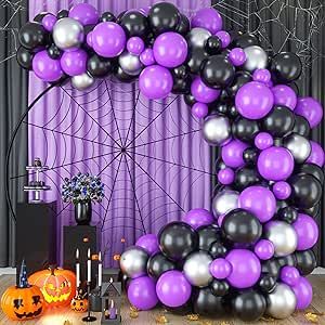 Halloween Theme Birthday, Goth Party, Balloon Wreath, Purple Goth, Black Balloon, Party Ballons, Halloween Backdrop, Silver Balloon, Halloween Balloons