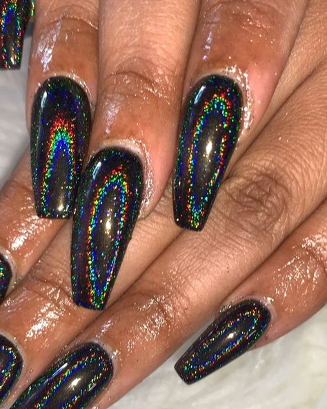 Can’t get over this black chrome 😩😍🖤 #nailsonfleek #nailfie #blingnails #blacknails #chromenails #indy #indynails #blackgirlsdonails… Black Chrome Sparkle Nails, Black Acrylic Nails With Chrome, Black Glitter Chrome Nails, Black Nails With Holographic Glitter, Black Rainbow Chrome Nails, Black Hologram Nails, Iridescent Nails Black, Black Irridescent Nails Acrylic, Holographic Black Nails