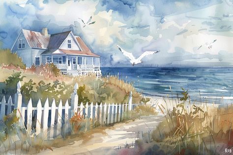 Beach home with Big Porch, watercolor art, oceanside views, beach house, sandy beach, white picket fence,seagulls,home office decor,wall art by WatchtowerWatercolor on Etsy Beach House Painting, Watercolor Buildings, Beach View House, Big Porch, Office Decor Wall Art, Beach Drawing, Urban Painting, Water Coloring, White Fence