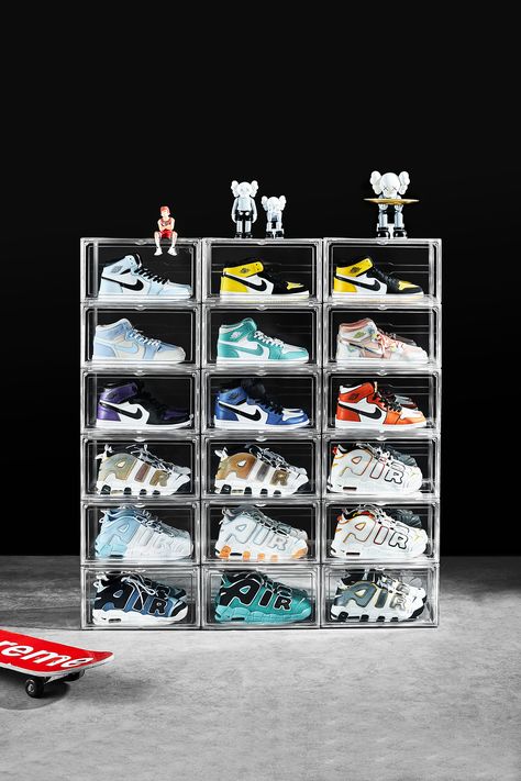 Clear Sneaker Boxes, Clear Shoe Organizer, Clear Shoe Boxes Storage Ideas, Acrylic Shoe Display, Acrylic Shoe Boxes, Sneaker Organization Ideas, Clear Shoe Boxes Storage, Shoes Box Design Ideas, Shoe Display Ideas