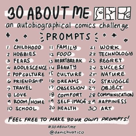 Autobiographical Comics, Freetime Activities, 30 Day Art Challenge, Art Journal Challenge, 30 Day Drawing Challenge, Journal Challenge, Art Style Challenge, Art Journal Prompts, Drawing Ideas List