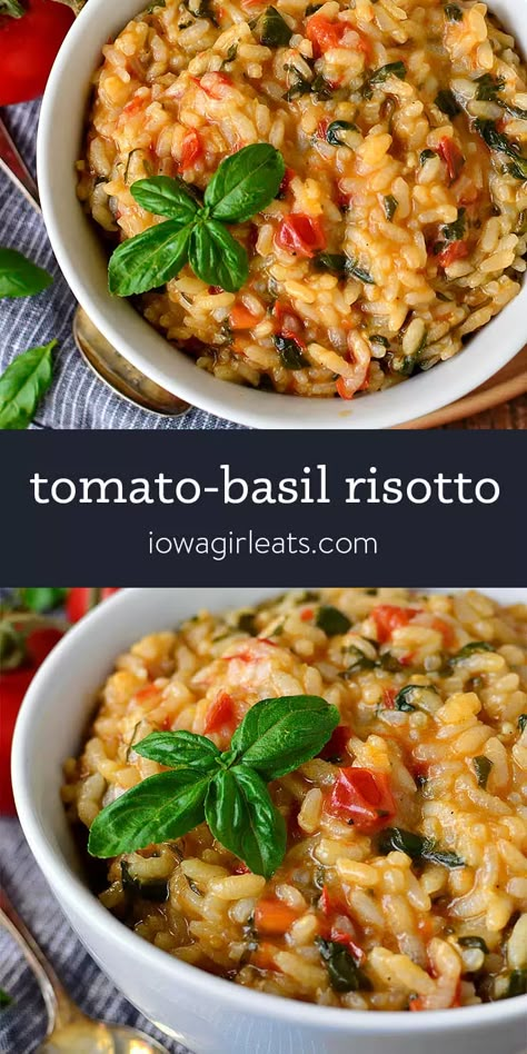 Tomato-Basil Risotto - Summer in a Bowl Basil Risotto, Spinach Risotto, Risotto Recipes Easy, One Pan Recipe, Risotto Dishes, Basil Recipes, Pan Recipe, Rice Side Dishes, Risotto Recipes