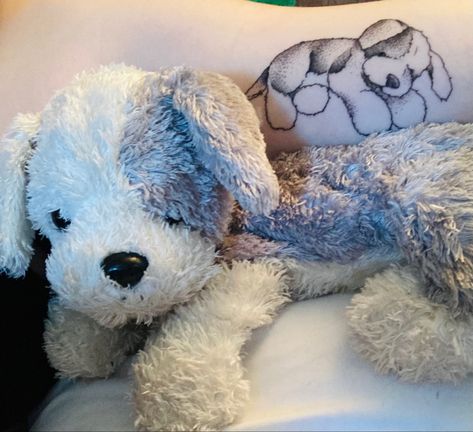 Stuffed Dog Tattoo, Childhood Toy Tattoo, Childhood Teddy Tattoo, Childhood Stuffed Animal Tattoo, Childhood Plushies, Plushie Tattoo, Childhood Tattoo Ideas, Stuffed Animal Tattoo, Toy Tattoo