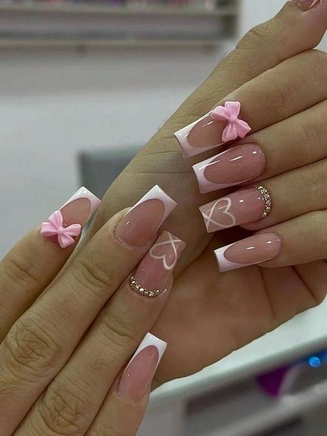 Natural Nail Shapes, Romantic Nails, Pink Bow Tie, Girly Acrylic Nails, French Acrylic Nails, Color Nails, Really Cute Nails, White Nail Designs, Pink Nail Designs