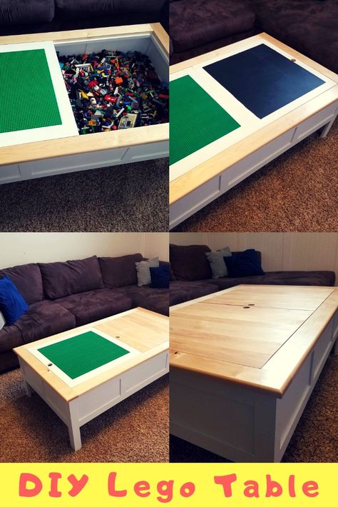 Hidden Lego Table, Diy Lego Table From Coffee Table, Lego Storage Table Diy, Lego Bench Ideas, Coffee Table Toy Storage, Diy Lego Coffee Table, Lego Coffee Table Diy, Lego Storage Table, Lego Coffee Table