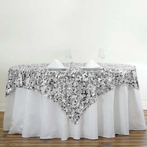 PRICES MAY VARY. Order over $39.99 eligible for FREE SHIPPING,combine with any Tablecloths-factory items Approximate Measurements: 72"x72" Square.; Fabric: Big Sequin on Mesh Base(seamless); Sequin Size: 18mm; Care Instructions: Do not dry clean or machine wash. Wipe with a soft damp cloth; Double the dazzle of your wedding, party, or banquet tables with our dreamy sparkling table overlays. For those spotlight moments that call for an extra dose of glitz and glam, we present our extravagant larg Wedding Table Overlays, Sequin Table, Denim And Diamonds, Table Overlays, Bridal Table, Party Table Cloth, Banquet Tables, Square Table, Party Table Decorations