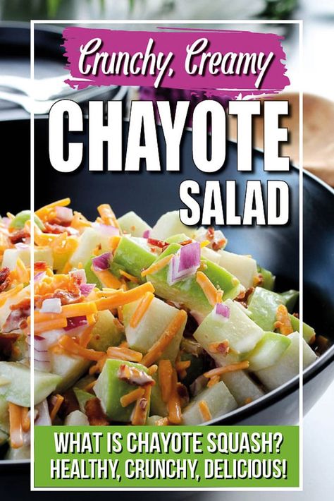 This Chayote Salad recipe is the perfect intro to chayote squash! It's one of the summer squashes, a bit like zucchini. If you're wondering "what is chayote" or how to cook it, check out this post! We talk about the health benefits, how it's common in Mexican food and Latin American dishes, and share one of our most recent recipes, chayote squash salad with a creamy, tangy dressing. (And in case you're wondering, yes, it's a keto / low carb vegetable. #chayote #salad #keto Chayote Salad, Chayote Recipes, Chayote Squash, Salad Keto, Squash Salad, Low Carb Vegetables, American Dishes, Easy Salad Recipes, Squash Recipes