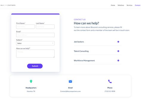 Blucore - contact page website design by Macy Ryan Contact Us Ui Design, Contact Page Website, Contact Form Design, Contact Page Web Design, Contact Page Design, Form Design Web, Contact Us Page Design, Web Design Inspiration Layout, Profile Ui