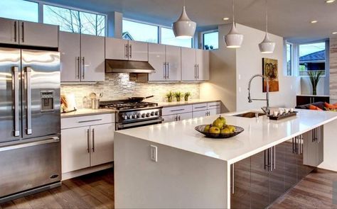 White Kitchen Large Island, Extendable Kitchen Table, Kitchen With Big Island, White Kitchen Rustic, Contemporary Kitchen Island, White Kitchen Splashback, Kitchen Island With Sink, White Kitchen Backsplash, Above Kitchen Cabinets