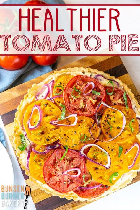 Healthier Tomato Pie Recipe: it's time for a healthier take on Southern tomato pie, enjoying delicious fresh tomato flavor with minimal mayo and a perfectly crispy crust. #bunsenburnerbakery #tomatopie #tomatoes #summer Southern Foods, Southern Tomato Pie, Vegetables Dishes, Tomato Pie Recipe, Asparagus Quiche, Savory Pies Recipes, Bunsen Burner, Tomato Tart, Tomato Pie