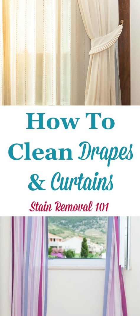 How to clean drapes and curtains in your home, with instructions on when to wash versus dry clean, and also how to wash those you can to avoid damage and shrinkage {on Stain Removal 101} How To Clean Curtains, Clean Curtains, Designer Curtains, Dry Cleaning At Home, Drapes And Curtains, Happiness Motivation, Pinterest Christmas, Laundry Tips, Cleaning Curtains