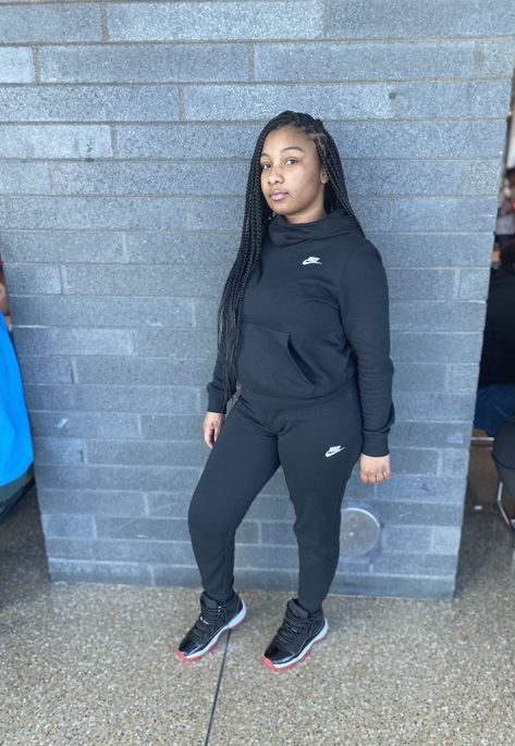 A matching black Nike fleece with 2019 bred 11’s Jordan 11 Breds Outfit Women, Jordan Bred 11 Outfit Women, Outfits With Jordans 11, Jordan 11 Bred Outfit Women, Nike Fleece Outfit, Bred 11s Outfit Women, Bred 11s Outfit, Bred 11 Outfit, Jordan 11 Bred Outfit