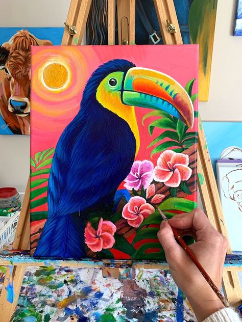 Lauren Elizabeth Animal Art, Cute Paintings Animals, Simple Animal Paintings, Tucan Painting, Animal Painting Ideas, Painting Ideas Animals, Acrylic Painting Animals, Canvas Animal Painting, Toucan Painting