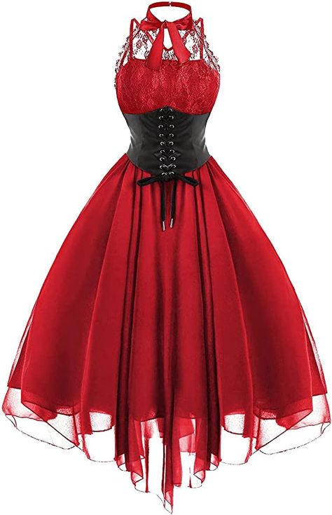 Amazon.com: Women's Sleeveless Gothic Lace Dress with Corset Halter Lace Swing Cocktail Dress : Clothing, Shoes & Jewelry Halter Backless Dress, Vestidos Retro, Casual Halloween, Vintage Red Dress, Dress With Corset, Vintage Party Dresses, Punk Dress, Grunge Dress, Lace Party Dresses