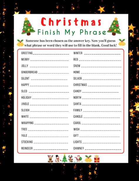 Finish My Phrase Game, Diy Christmas Games, Finish My Phrase, Wedding Anniversary Party Games, Holiday Trivia, Girls Birthday Games, Elf Party, Holiday Party Game, Anniversary Party Games