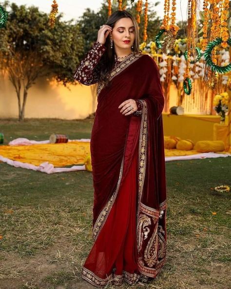 Saree With Full Sleeves, Maroon Velvet Saree, Anarkali Frock, Velvet Saree, Maroon Saree, Velvet Cardigan, Comfortable Blouses, Full Sleeve Blouse, Fancy Saree