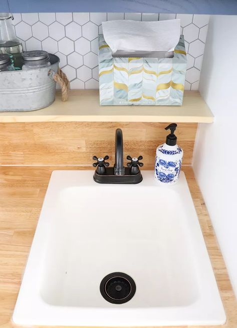 Utility Room Sink Cabinet, Small Sink For Laundry Room, Small Sinks For Laundry Room, Small Laundry Sink Ideas, Laundry Room With Small Sink, Laundry Room Bathroom Combo Utility Sink, Small Sink In Laundry Room, Corner Sink In Laundry Room, Laundry Room Sinks Ideas