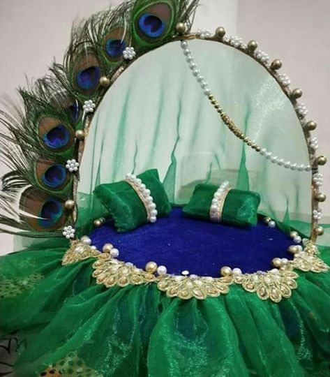 Laddu Gopal Bed Design, Ganpati Decoration Theme, Ganpati Decor, Ganesh Chaturthi Decoration, Ring Platter, Thali Decoration Ideas, Thali Decoration, Ganpati Decoration At Home, Janmashtami Decoration