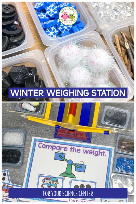 Are you looking for fun winter math activity ideas for your preschoolers? Click to find LOTS of great ideas to help you easily create a winter-themed weighing station today. Set up a weigh station in your #STEM center or science center. Kids love playing with the materials along with a balance or bucket scale. Ideas for your snow theme, winter theme, snowman theme, and even Valentine's day theme unit and lesson plans in #preschool and #prek Science Center Preschool, Winter Math Activities, Snowman Theme, Winter Science, Winter Unit, Winter Activities Preschool, Measurement Activities, Snow Theme, Math Activities For Kids