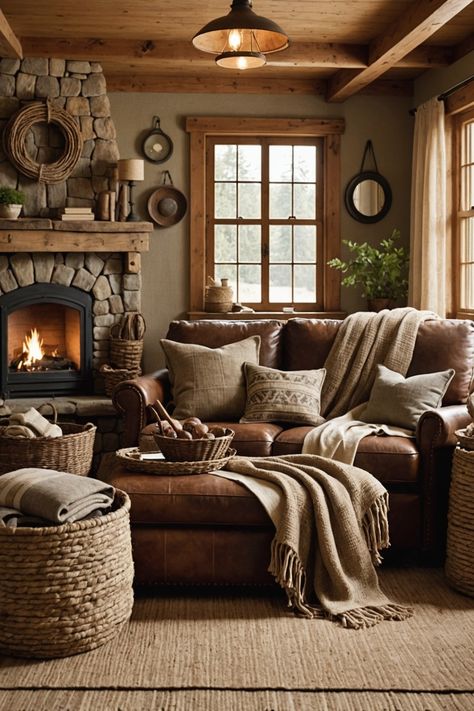 21 Brown Sofa Living Room Ideas – The Dear Lab Brown Sofa Living Room Ideas, Cozy Cabin Living Room, Lodge Living Room, Sofa Living Room Ideas, Brown Leather Couch Living Room, Earthy Minimalist, Fall Bedroom Ideas, Brown Sofa Living Room, Living Room Decor Brown Couch