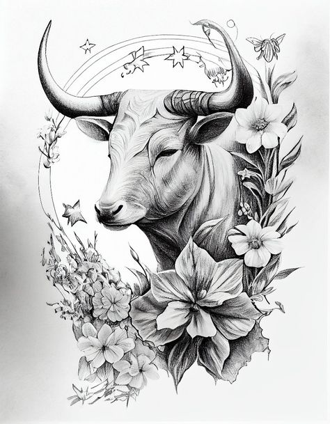 Bull And Flowers Tattoo, Taurus Neck Tattoo, Bull Tattoos Feminine, Taurus Tattoo Flower, Bull With Flowers Tattoo, Bull Flower Tattoo, Taurus Back Tattoo, Taurus Sketch, Taurus Flower Tattoo