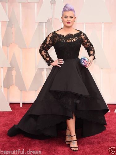 Plus-size-New-Black-satin-lace-sleeves-formal-Bridal-Gown-wedding-Dress-Custom Vestidos Oscar, High Low Prom Dresses, Kelly Osbourne, Red Carpet Gowns, Oscar Dresses, Plus Size Formal, Long Sleeve Prom, Plus Size Formal Dresses, Black Evening Dresses