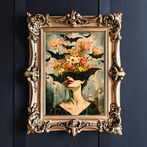 Eclectic Dark Academia, Halloween Shuffle, Whimsigoth Art, Bat Painting, Dark Maximalism, Whimsigoth Decor, Pastel Goth Decor, Brick Cottage, Dark Boho