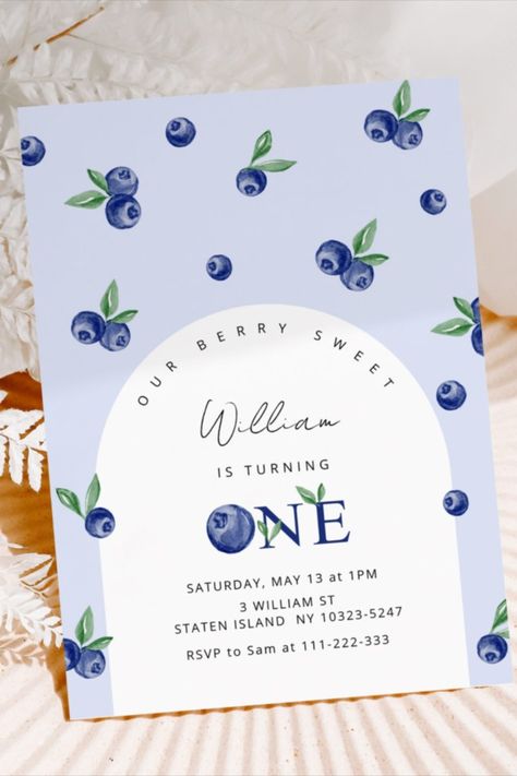 Blueberry Berry sweet boy first birthday Invitation! #birthday #happybirthday #birthdaycards #birthdayparty #firstbirthday #turningone #berry #blueberry Boy Party Invitations, Berry First Birthday, Sweet Boy, Boy First Birthday, Birthday Invitations Kids, First Birthday Invitations, First Birthday Party, Boy Birthday Parties, Boy Party