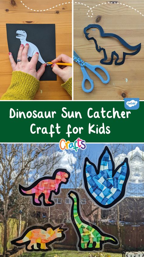 Tissue Paper Dinosaur Craft, Dinosaur Easy Crafts, Dinosaur Sun Catcher, Dinosaur Elementary Art Projects, Flying Dinosaurs Craft, Dinosaur Window Display, Dinosaurs Art And Craft For Preschool, Dinosaur Preschool Art Activities, Dinosaur Suncatcher Craft