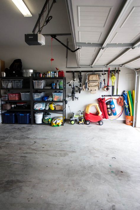 Garage Organization Tips - One Little Minute Blog Garage Organization Strollers, Realistic Garage Organization, Stroller Storage Garage, Small Garage Organization, Garage Redo, Indoor Outdoor Room, Stroller Storage, Garage Organization Tips, Fixer Upper House