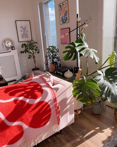 Arket Blanket, Plants Apartment, Pink Sofa, Pink Blanket, Home Board, Pink Room, Room Setup, I Spy, Aesthetic Bedroom